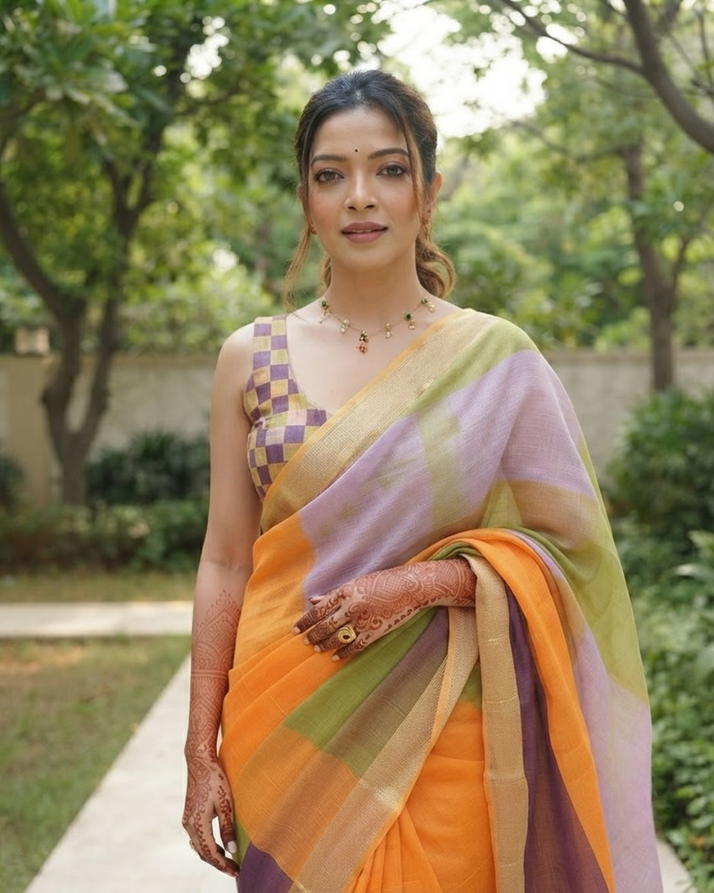 Pastel Color Block Check Chanderi Saree