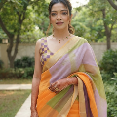 Pastel Color Block Check Chanderi Saree