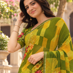 Olive Mustard Geometric Floral Saree