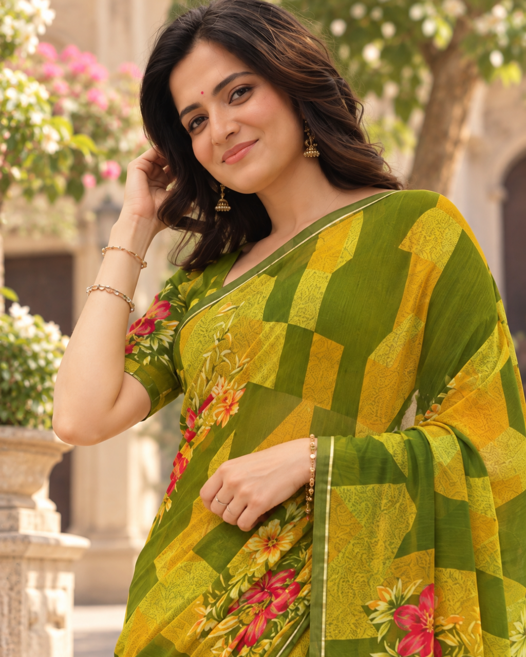 Olive Mustard Geometric Floral Saree