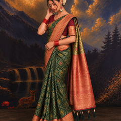Bottle Green Contrast Maroon Border Silk Saree
