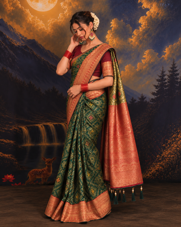 Bottle Green Contrast Maroon Border Silk Saree