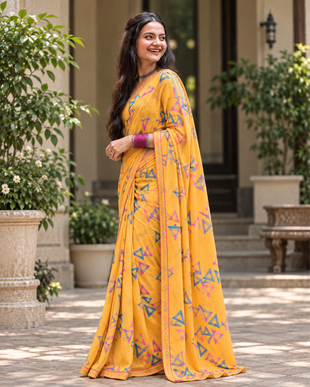 Mustard Yellow Geometric Triangle Block Saree