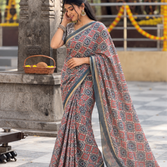 Indigo & Terracotta Ikat Geometric Linen Saree