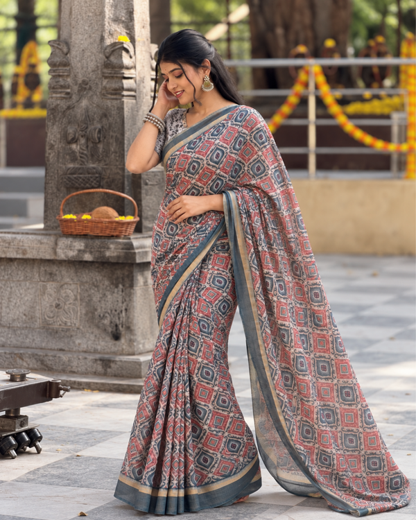 Indigo & Terracotta Ikat Geometric Linen Saree
