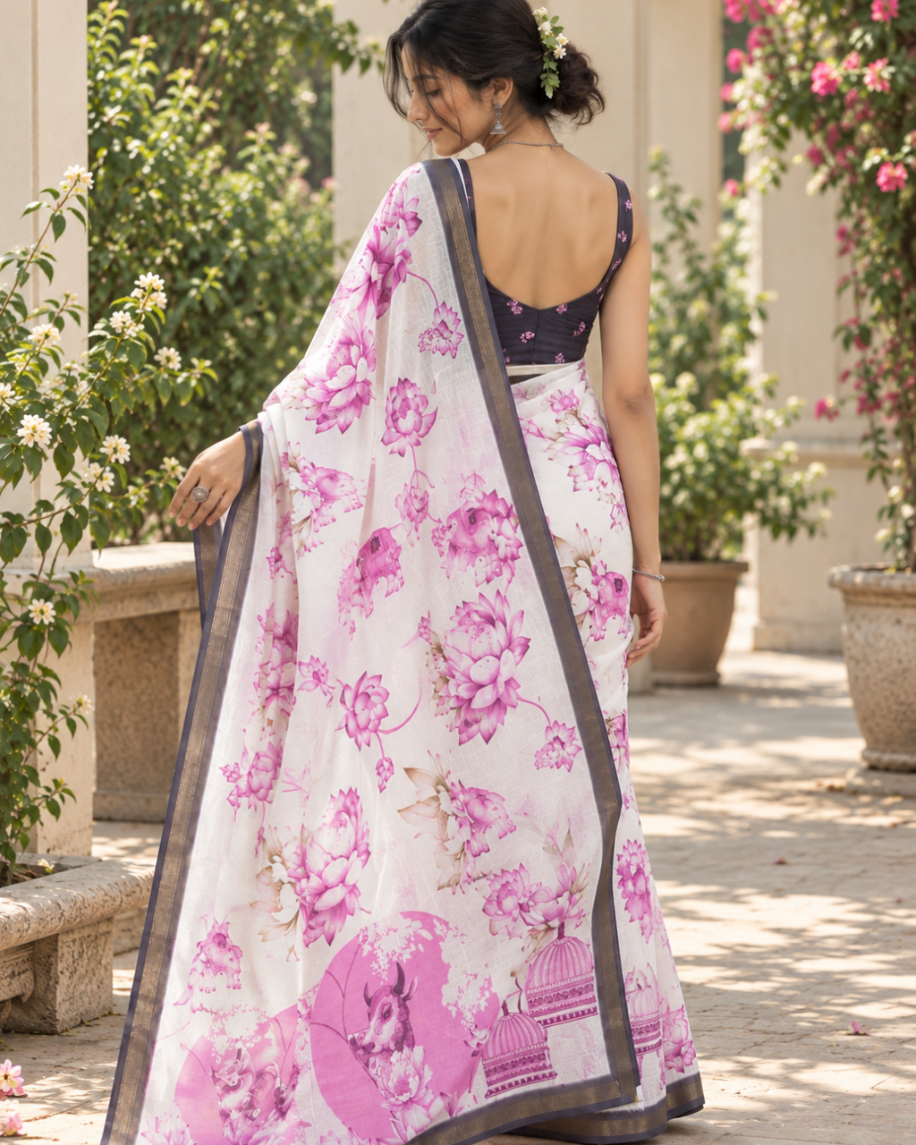 Ivory Magenta Lotus Garden Chanderi Saree