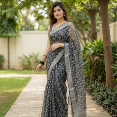 Charcoal Polka Dot Confetti Chanderi Saree