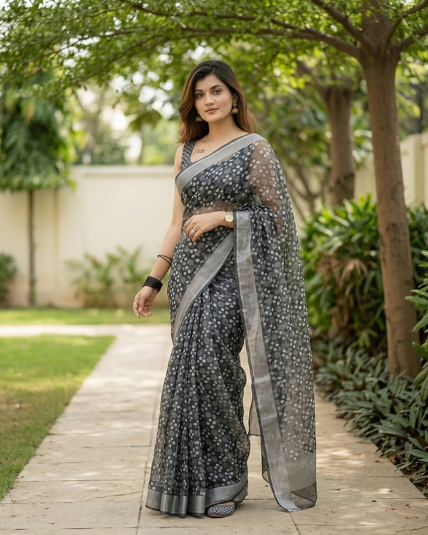 Charcoal Polka Dot Confetti Chanderi Saree