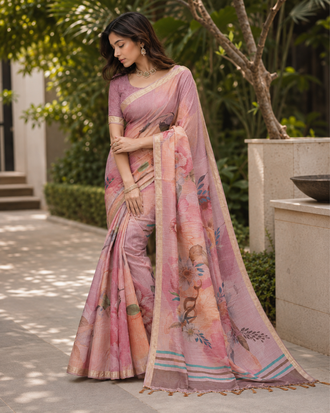 Pastel Mauve Peach Watercolor Floral Premium Silk Saree