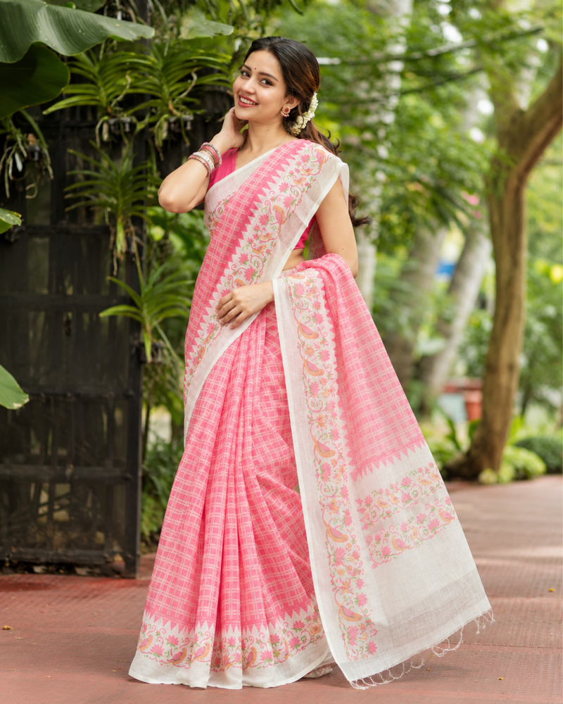 Candy Pink Grid Check Birds Print Linen Saree