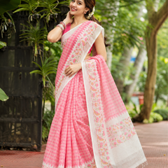 Candy Pink Grid Check Birds Print Linen Saree