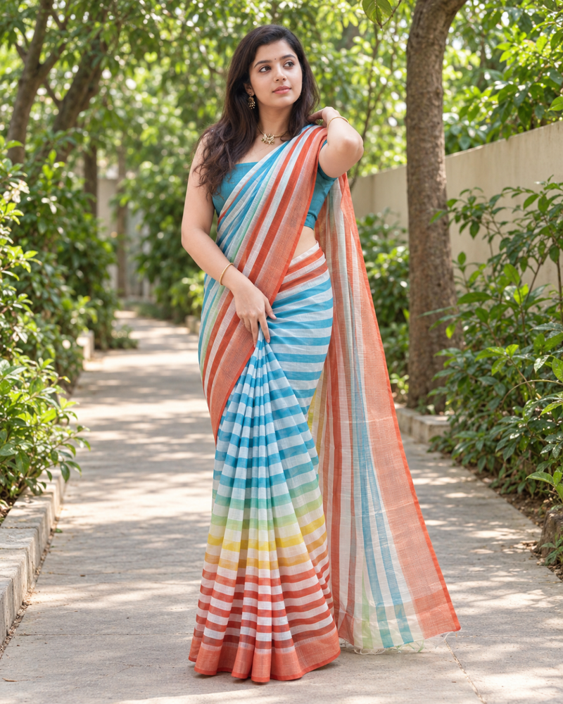 Rainbow Stripe Horizon Chanderi Saree