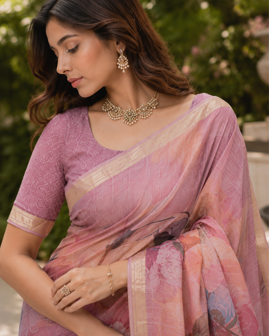 Pastel Mauve Peach Watercolor Floral Premium Silk Saree