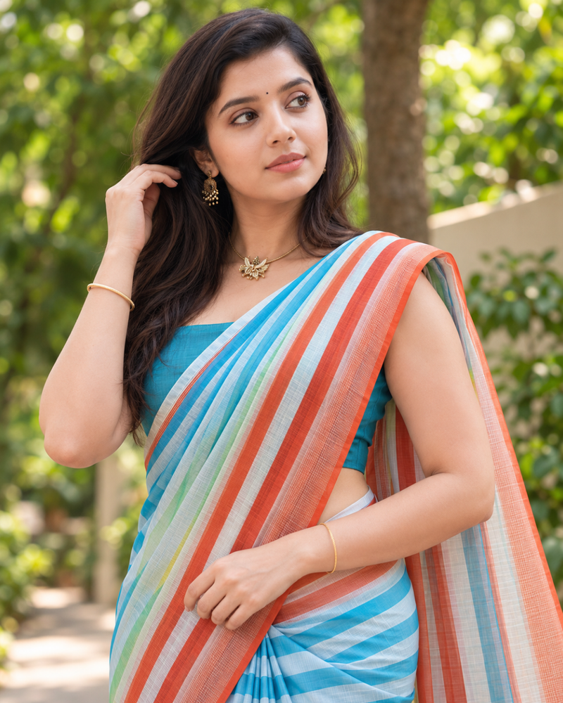 Rainbow Stripe Horizon Chanderi Saree