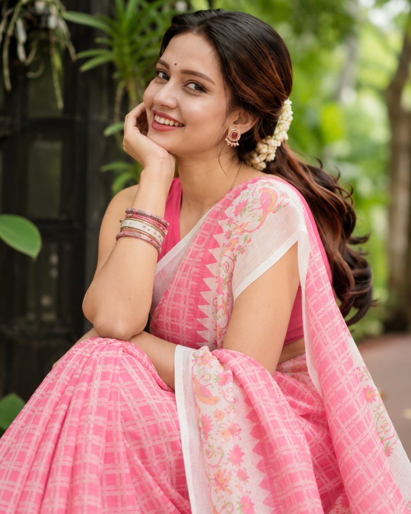 Candy Pink Grid Check Birds Print Linen Saree
