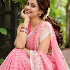 Candy Pink Grid Check Birds Print Linen Saree