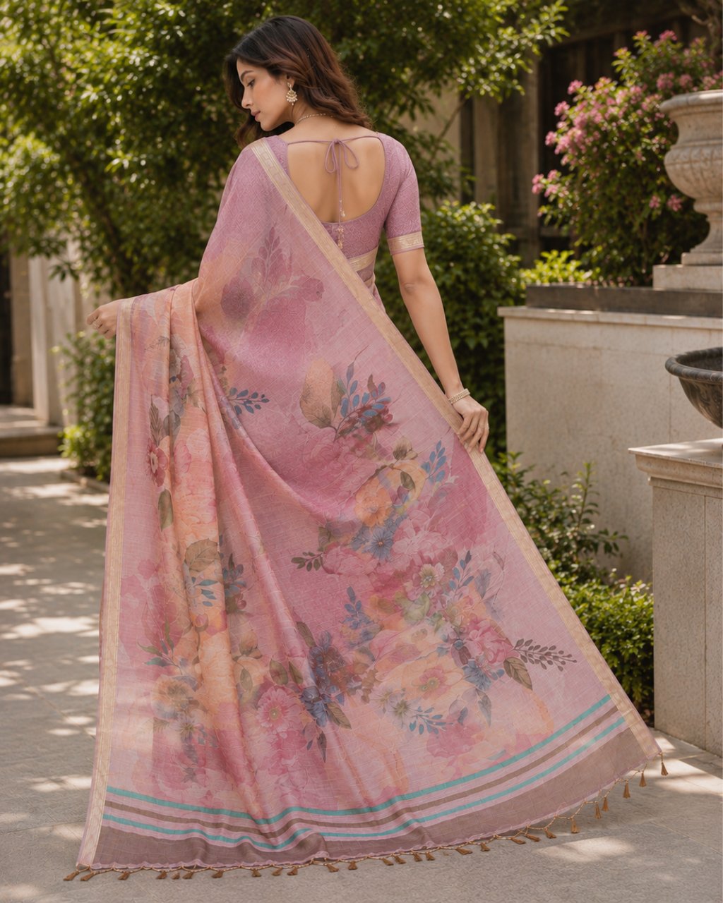 Pastel Mauve Peach Watercolor Floral Premium Silk Saree