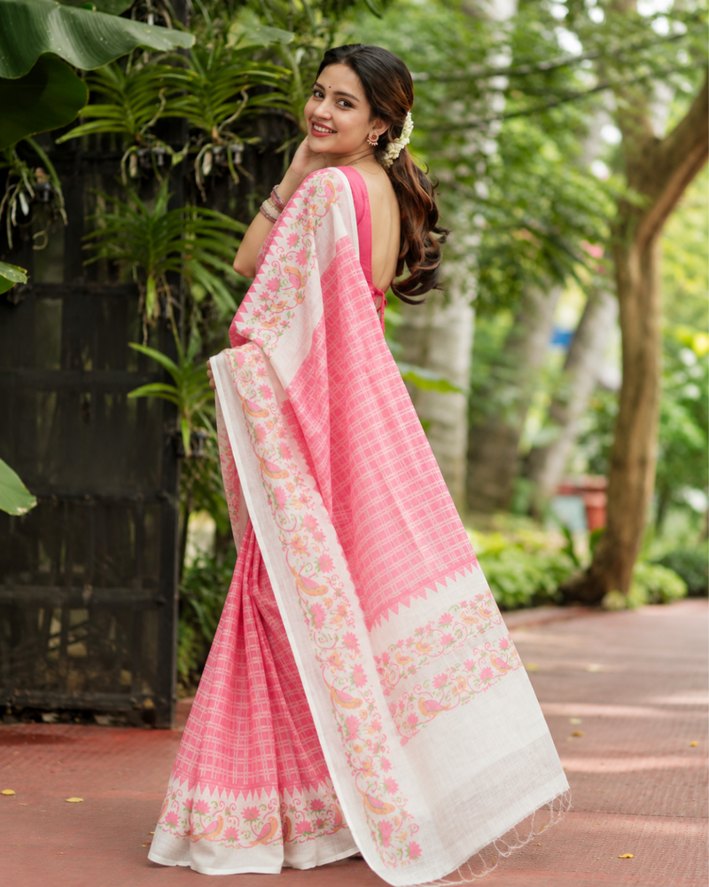Candy Pink Grid Check Birds Print Linen Saree