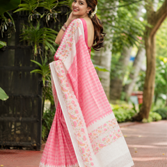 Candy Pink Grid Check Birds Print Linen Saree