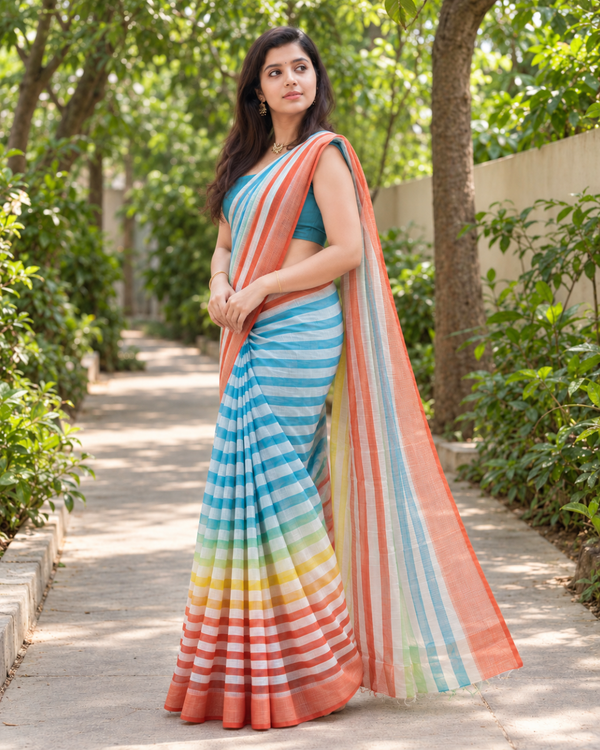 Rainbow Stripe Horizon Chanderi Saree