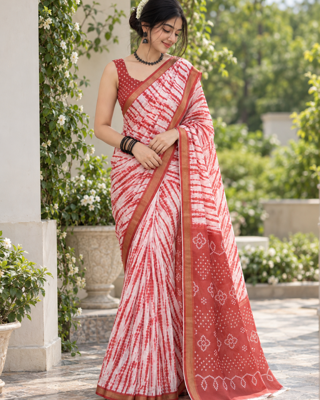 Rust Red Shibori Leheriya Bandhani Chanderi Saree