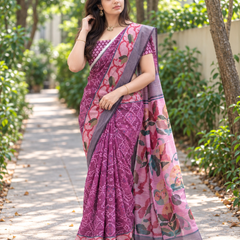 Mulberry Bandhani Floral Chanderi Saree