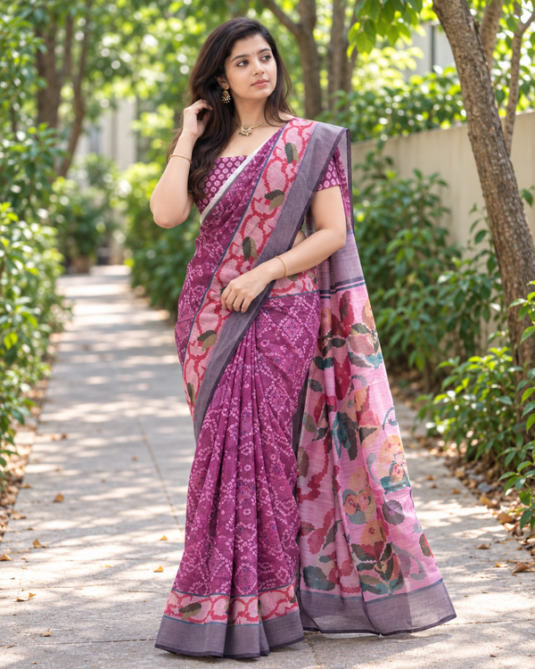 Mulberry Bandhani Floral Chanderi Saree