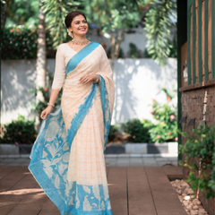 Pastel Peach Checked Linen Saree with Cyan Pallu
