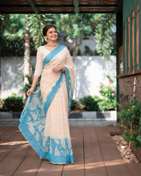 Pastel Peach Checked Linen Saree with Cyan Pallu