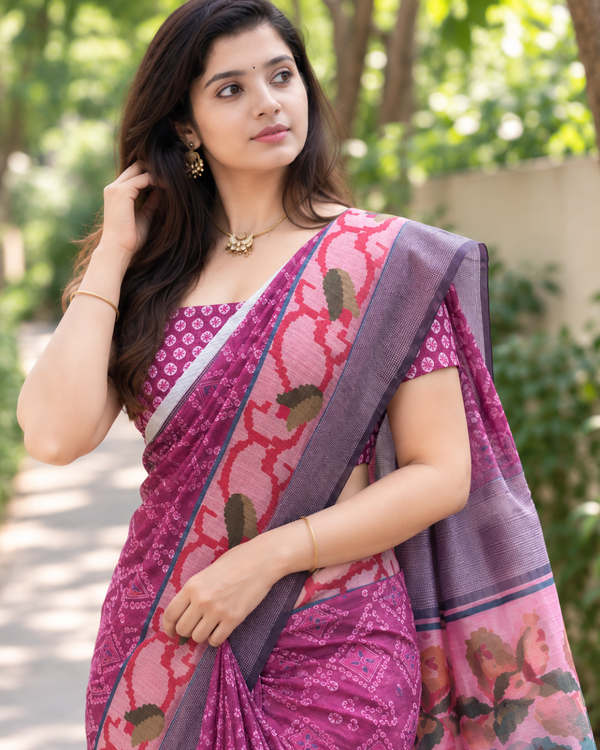 Mulberry Bandhani Floral Chanderi Saree