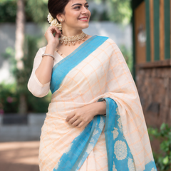 Pastel Peach Checked Linen Saree with Cyan Pallu