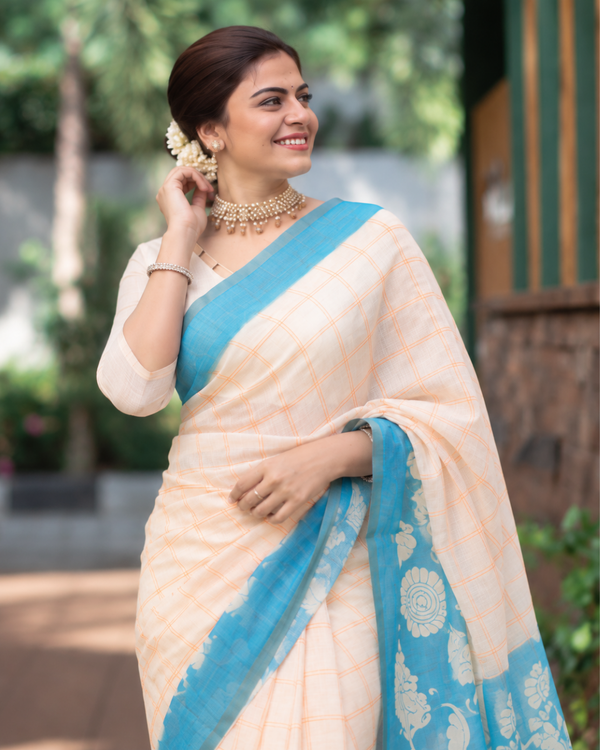 Pastel Peach Checked Linen Saree with Cyan Pallu