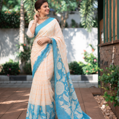 Pastel Peach Checked Linen Saree with Cyan Pallu