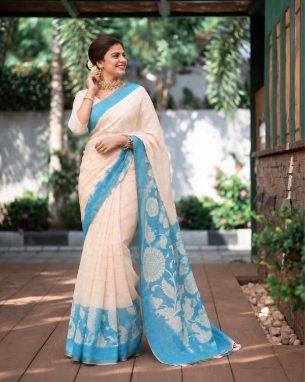 Pastel Peach Checked Linen Saree with Cyan Pallu