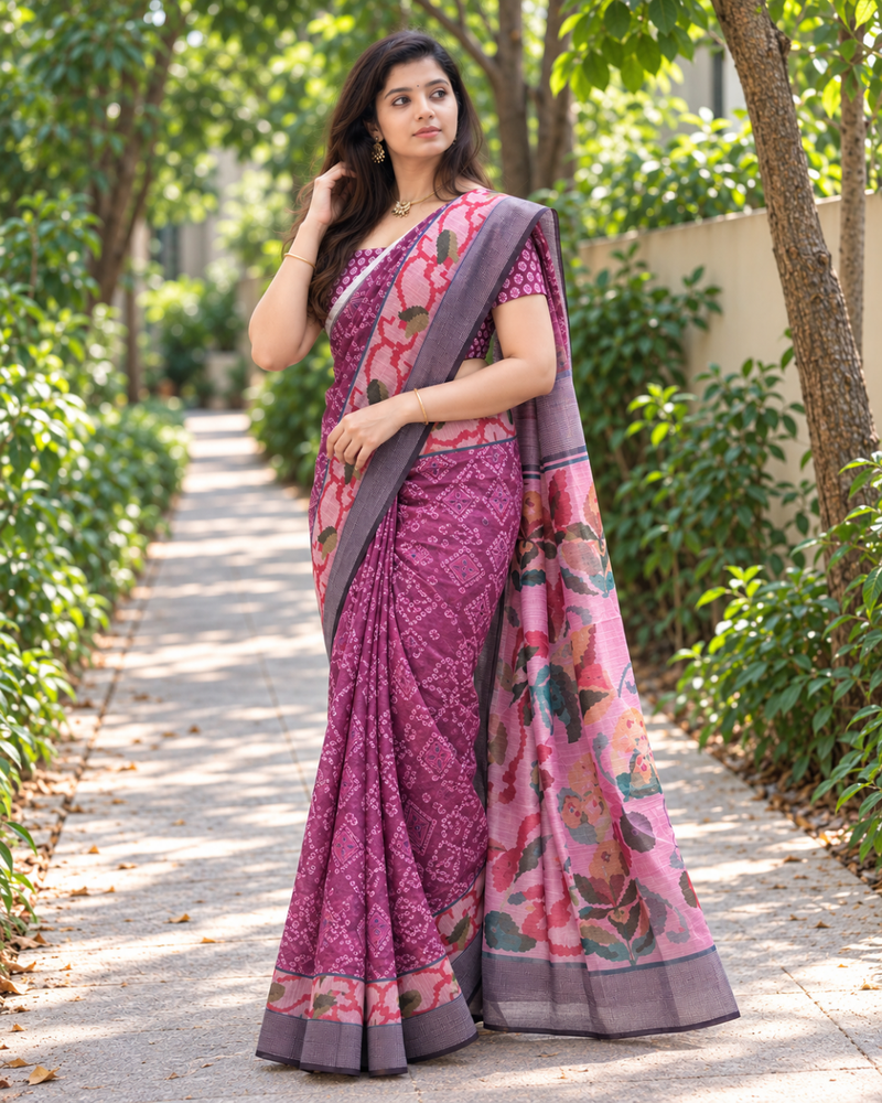 Mulberry Bandhani Floral Chanderi Saree