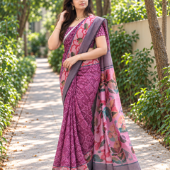 Mulberry Bandhani Floral Chanderi Saree