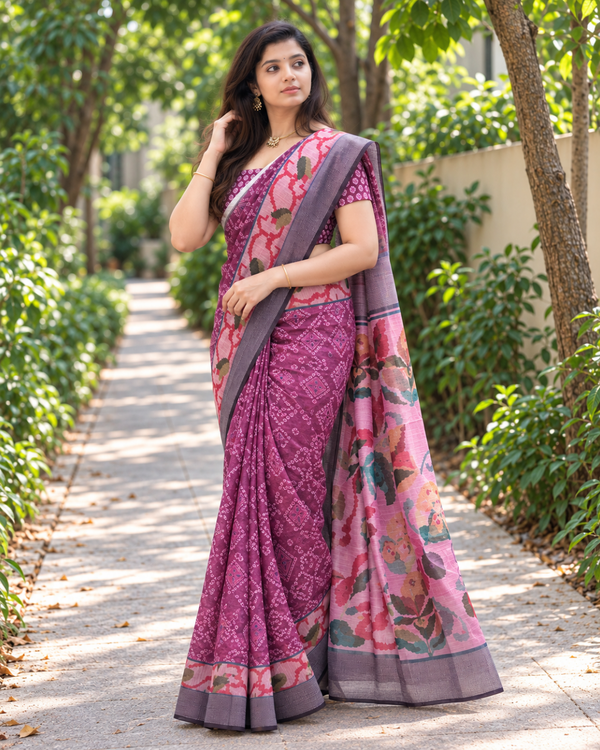 Mulberry Bandhani Floral Chanderi Saree