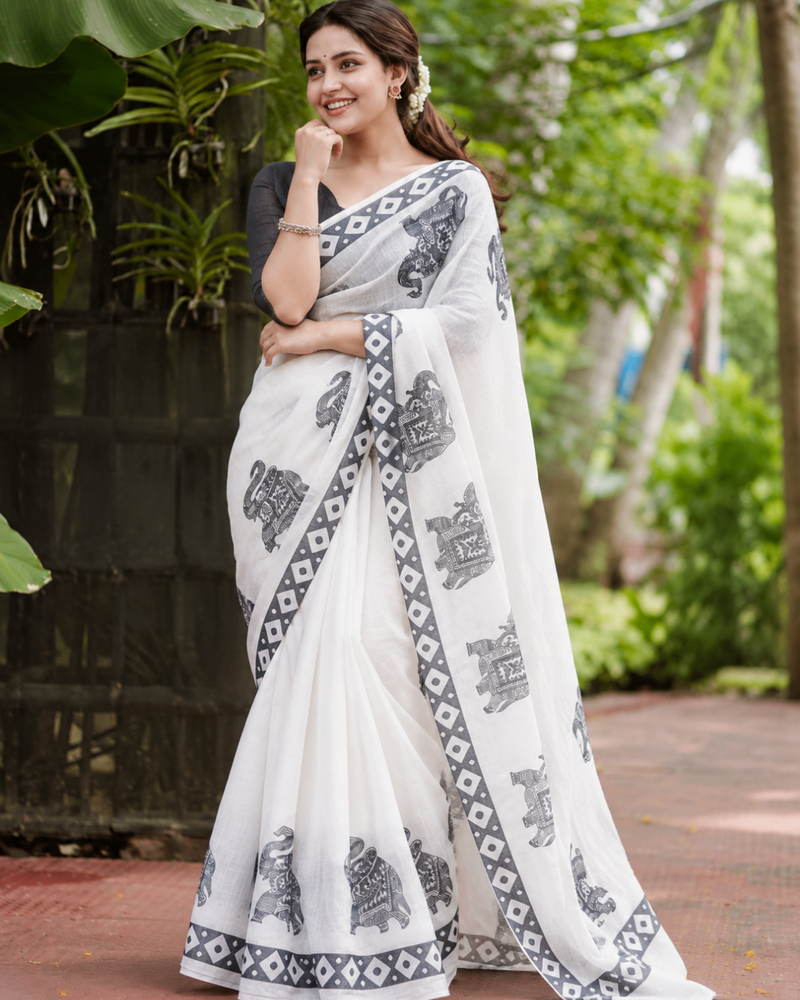 Monochrome White Elephant Motif Linen Saree