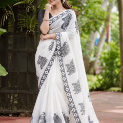 Monochrome White Elephant Motif Linen Saree