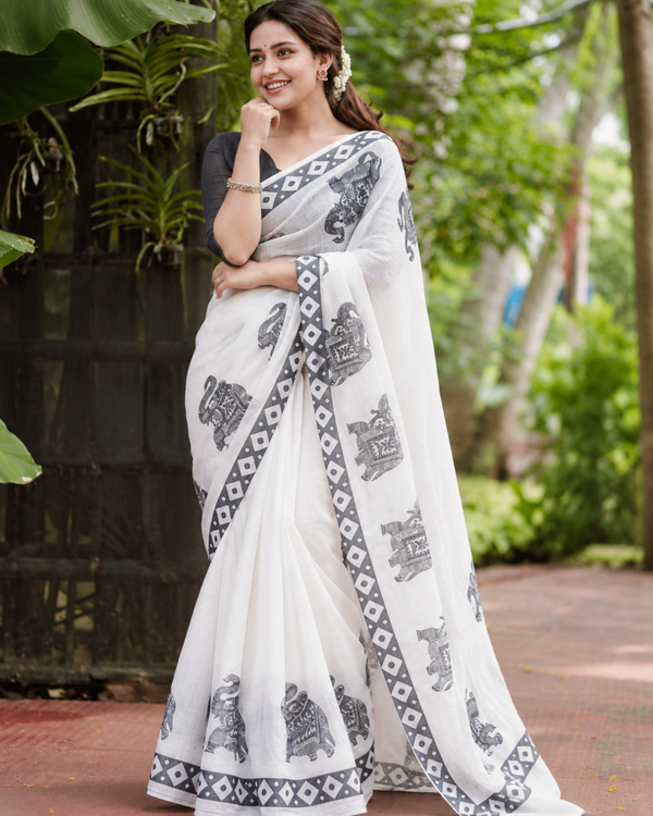 Monochrome White Elephant Motif Linen Saree