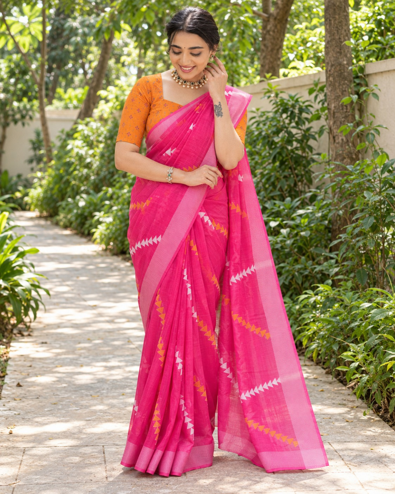 Rani Pink Chevron Butti Chanderi Saree