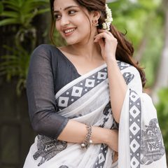 Monochrome White Elephant Motif Linen Saree