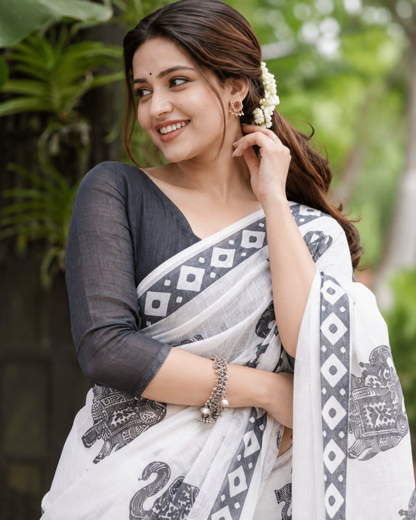 Monochrome White Elephant Motif Linen Saree
