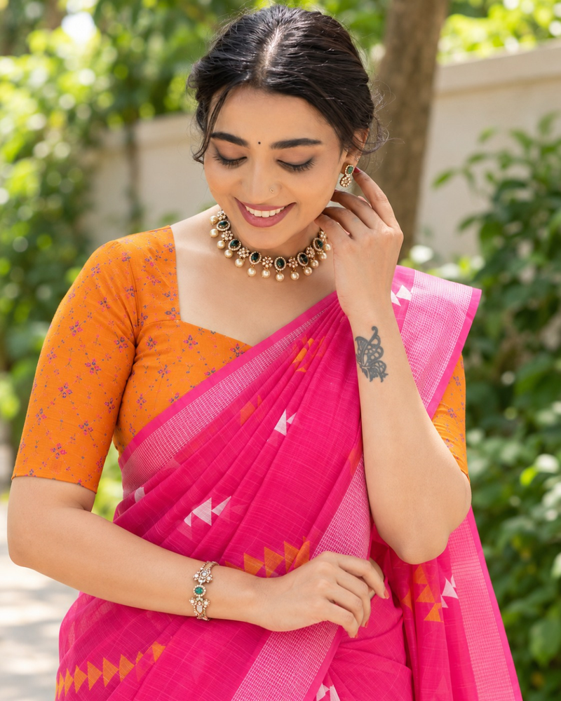 Rani Pink Chevron Butti Chanderi Saree