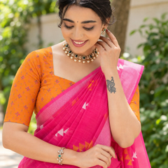 Rani Pink Chevron Butti Chanderi Saree
