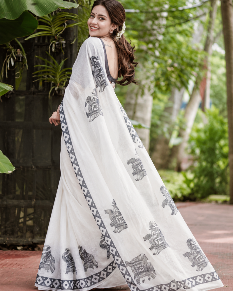 Monochrome White Elephant Motif Linen Saree