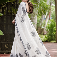 Monochrome White Elephant Motif Linen Saree