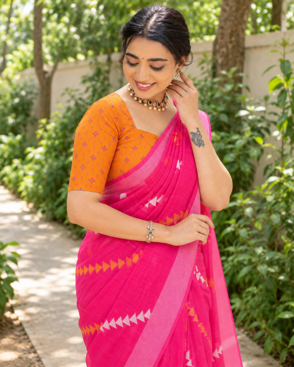 Rani Pink Chevron Butti Chanderi Saree