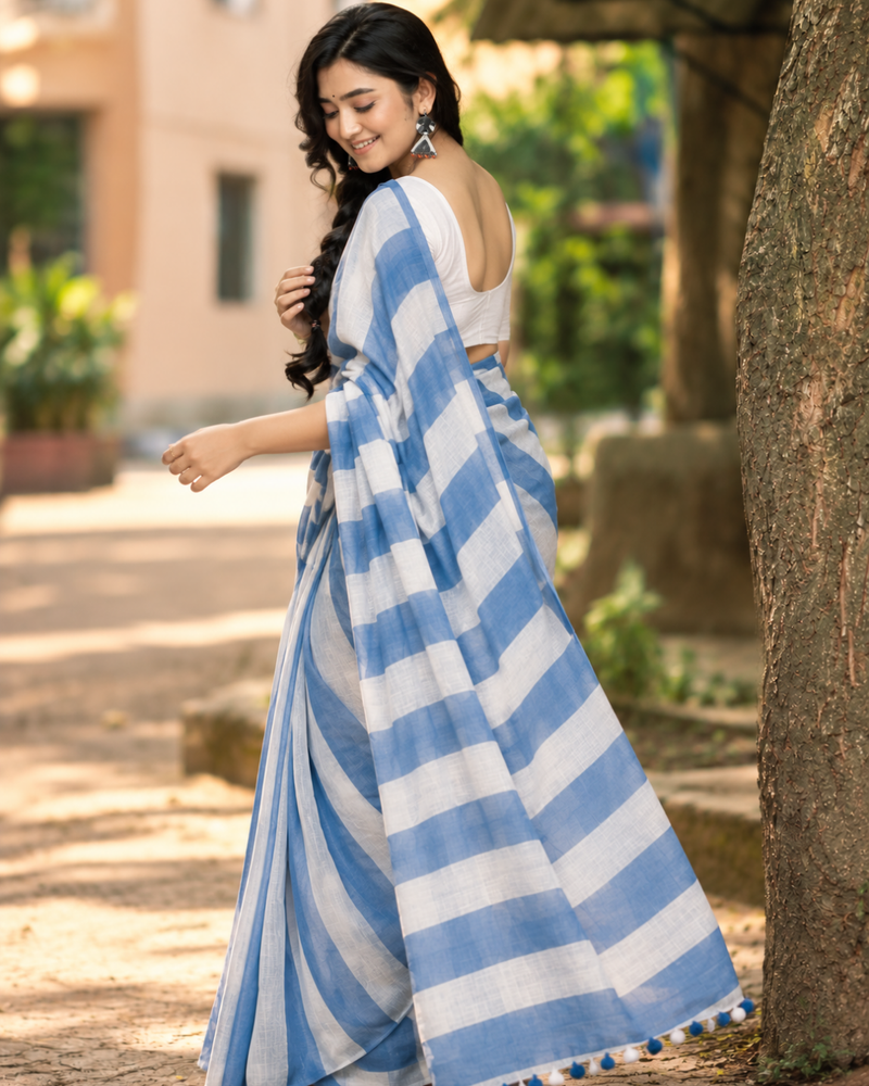 Dusty Blue & White Bold Chevron Striped Linen Saree