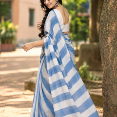 Dusty Blue & White Bold Chevron Striped Linen Saree